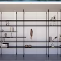 Stylish Modern Storage Shelving with Open Glass Metal Layers Decorative Items Books and Green Plants