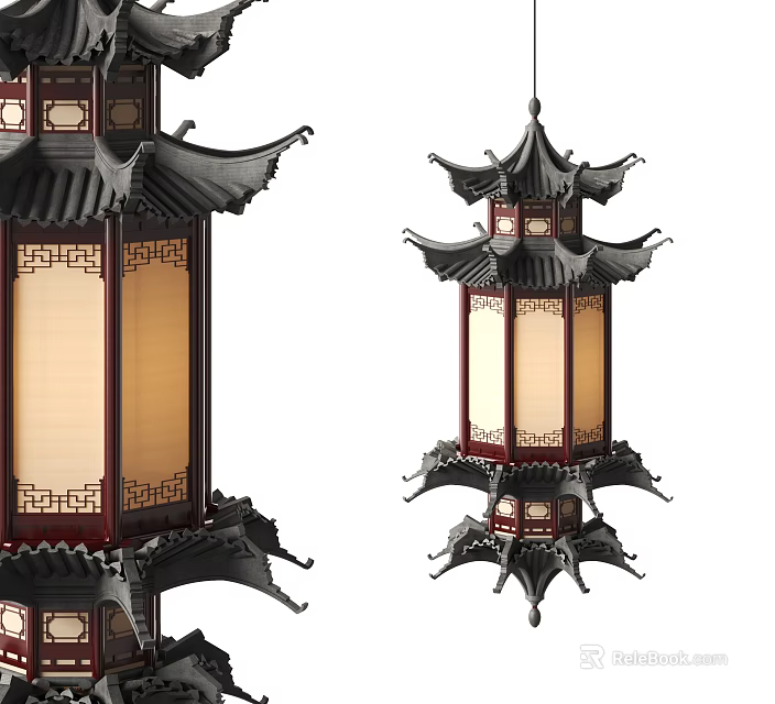 Traditional Chinese Style Pendant Lanterns With Intricate Carvings Red Wooden Frames And Classic Lattice Designs 3d model 