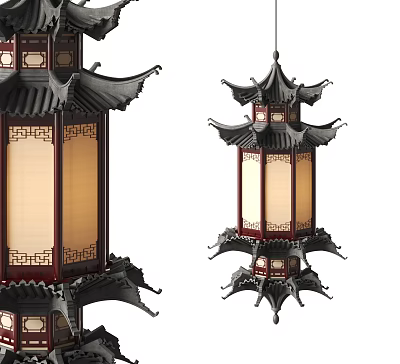 Traditional Chinese Style Pendant Lanterns With Intricate Carvings Red Wooden Frames And Classic Lattice Designs 3d model