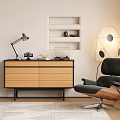 Modern Wooden Black Console Cabinet Sideboard with Geometric Floor Lamp Accent Chair Wall Shelves Interior
