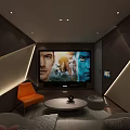 Modern Home Theater Room With Gray Sofa Orange Accent Chair Round Coffee Table And Recessed Lighting