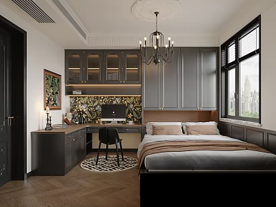 Tatami Bedroom Interior With Modern Gray Cabinets Chandelier Desk And Wooden Floor 3d model