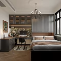 Tatami Bedroom Interior With Modern Gray Cabinets Chandelier Desk And Wooden Floor