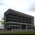 Modern Multi storey Industrial Factory Building Exterior With Large Glass Windows Parking Lot And Trees