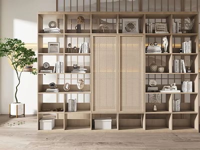 Wooden Display Cabinet With Multiple Shelves Lattice Doors Books Photo Frames And Decorations 3d model