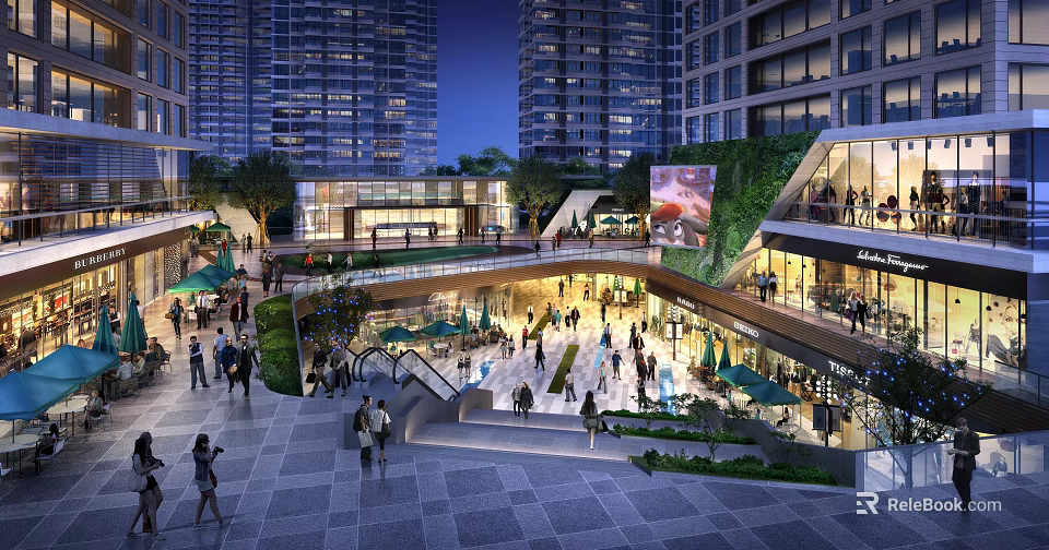 Vibrant Commercial Street With High Rise Buildings Pedestrians Shops And Greenery At Night 3d model 