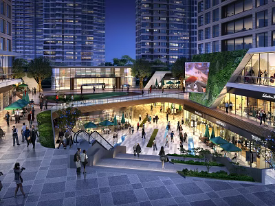 Vibrant Commercial Street With High Rise Buildings Pedestrians Shops And Greenery At Night 3d model