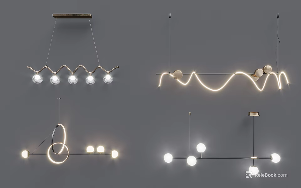 Modern Minimalist Pendant Lights With Various Curved Circular Designs And Spherical Bulbs 3d model 