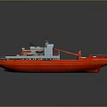 3D Model of Red and Green Work Vessel with Crane and Deck Structure