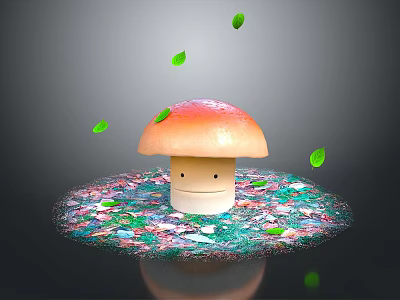 Adorable Mushroom with Smiling Face Sitting on Colorful Vegetable Crumbs and Falling Green Leaves 3d model