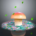 Adorable Mushroom with Smiling Face Sitting on Colorful Vegetable Crumbs and Falling Green Leaves