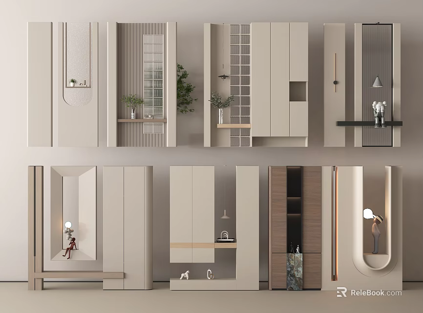 Modern Entryway Interior Design With Storage Cabinets Mirror And Decorative Plants 3d model