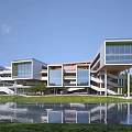 Modern Multi Story School Building With Glass Facade Terraces And Waterfront Greenery