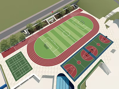 Multi Sports Facility Featuring Football Field Red Running Track Basketball And Tennis Courts 3d model