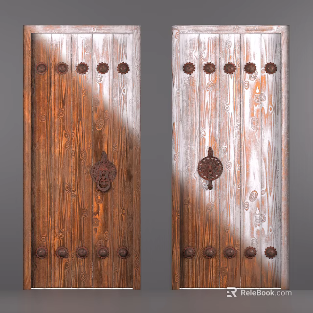 Wooden Swing Door Design With Dual Tone Finish And Decorative Metal Hardware 3d model 