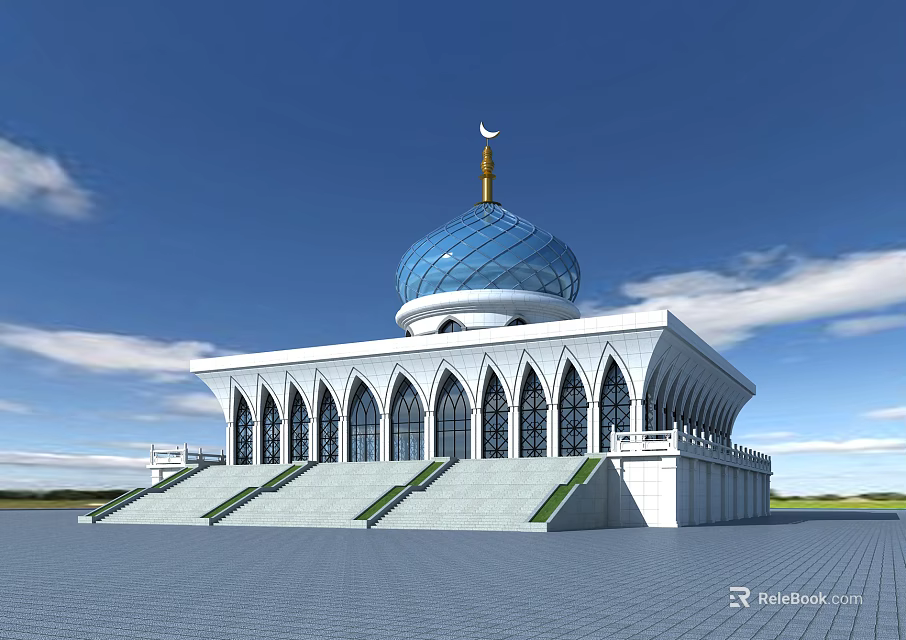 Modern Library Building With Blue Dome Arched Windows And Open Square Design 3d model 