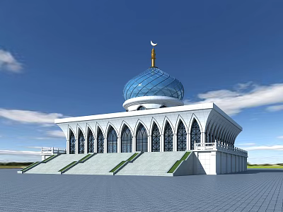Modern Library Building With Blue Dome Arched Windows And Open Square Design 3d model