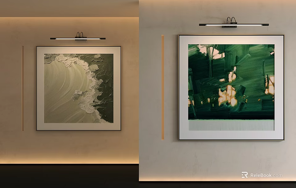 Abstract Oil Paintings With Beige Green Textures And Wall Display Lighting 3d model 
