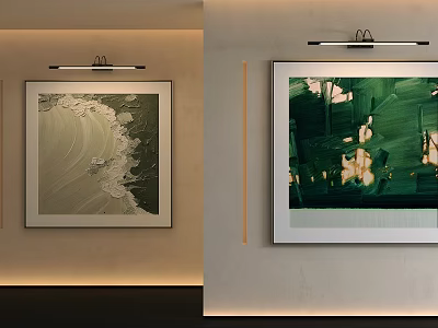 Abstract Oil Paintings With Beige Green Textures And Wall Display Lighting 3d model