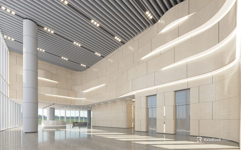 Modern Front Desk Reception In Spacious Lobby With Minimalist Design And Recessed Lighting 3d model 