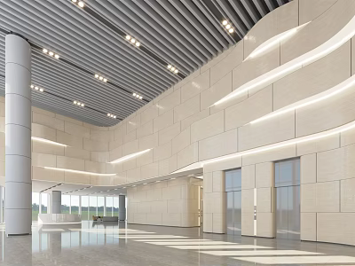 Modern Front Desk Reception In Spacious Lobby With Minimalist Design And Recessed Lighting 3d model
