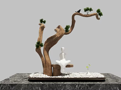 Natural Ornament Set with Branch Green Pine Black Bird White Figure Plant on Marble Base 3d model
