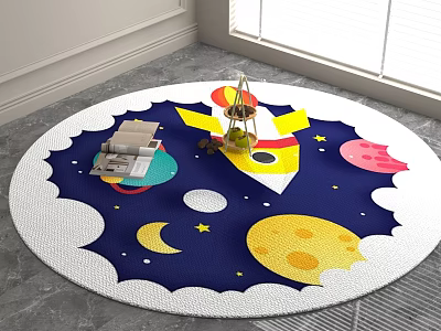 Round Space Theme Rug With Rocket Planets Moon And Stars For Kids Room 3d model