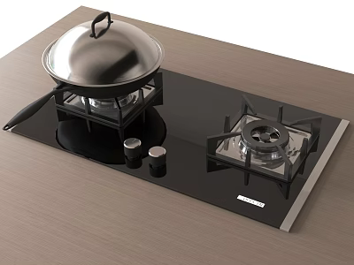 Black Gas Stove Top with Pot Lid and Small Cups on Wooden Countertop 3d model