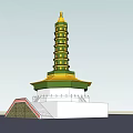 Traditional Multi tiered Pagoda With Green Body Yellow Roof And Spire Architectural Model