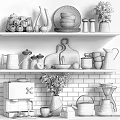 Elegant Decorative Ornaments Set with Fruits Cutting Board Ceramic Plates and Vases on Shelves