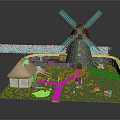 Detailed Model Scene Featuring Traditional Windmill Thatched Roof House Small Pond And Stone Path