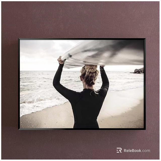 Back View Woman Portrait In Black Wetsuit Holding Surfboard On Beach With Ocean Waves 3d model 