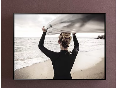 Back View Woman Portrait In Black Wetsuit Holding Surfboard On Beach With Ocean Waves 3d model