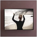 Back View Woman Portrait In Black Wetsuit Holding Surfboard On Beach With Ocean Waves