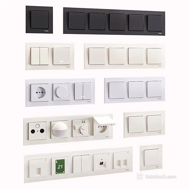 Modern Black And White Switch Panels With Different Switches Sockets And Controls 3d model