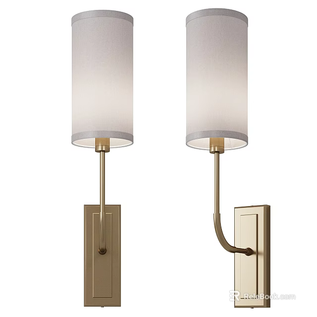 Elegant Modern Wall Sconces With Fabric Cylindrical Shades Brass Bases And Curved Straight Arms 3d model 