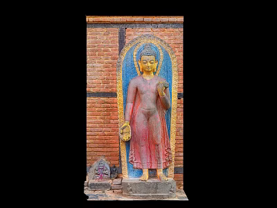 Buddha Sculpture Carving With Golden Head Red Robe And Blue Frame On Red Brick Wall 3d model
