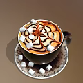 Creamy Coffee Beverage With Swirl Latte Art And Marshmallows On Cup Saucer