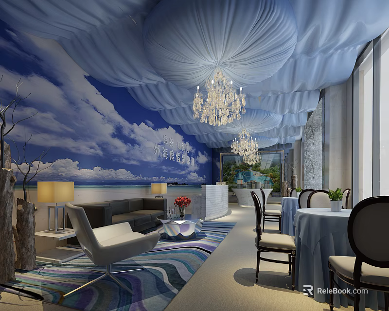 Luxurious Sales Office Interior With Blue Cloud Pattern Backdrop White Draped Ceiling And Crystal Chandelier 3d model