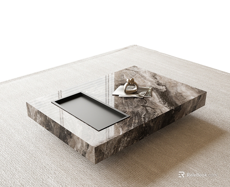 Modern Marble Coffee Table with Rectangular Tray and Decorative Items on Beige Rug 3d model 