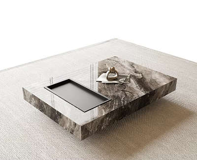 Modern Marble Coffee Table with Rectangular Tray and Decorative Items on Beige Rug 3d model