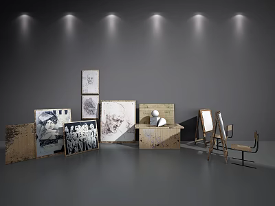 Studio Display Of Musical Instruments And Art Supplies With Sketches Easels And Drawing Boards 3d model