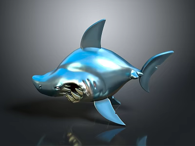Shark Model With Blue Metallic Finish Open Mouth Glossy Surface Against Dark Background With Reflection 3d model