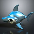 Shark Model With Blue Metallic Finish Open Mouth Glossy Surface Against Dark Background With Reflection