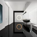 Modern Reception Area With Black Desk Long Pendant Light Striped Backdrop And Marble Wall Sculpture
