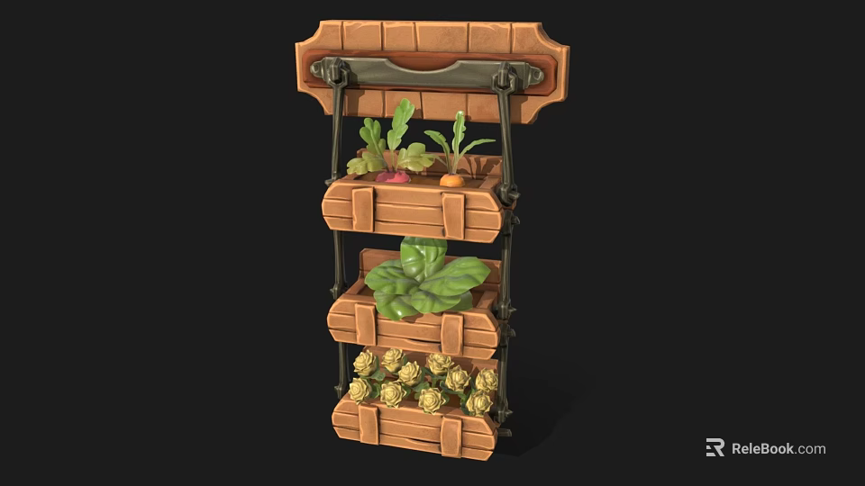Wall Mounted Wooden Hanging Planter with Multiple Tiers and Various Green Plants for Indoor Decor 3d model 