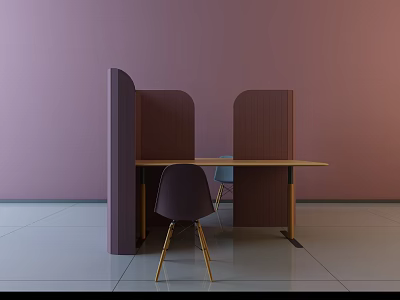 Modern Office Desk With Wooden Tabletop Divider And Gold Leg Chairs Against Pink Wall 3d model
