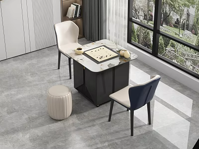 Modern Tea Table and Chairs with Marble Top Chessboard White Blue Seats Near Window View 3d model