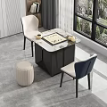 Modern Tea Table and Chairs with Marble Top Chessboard White Blue Seats Near Window View