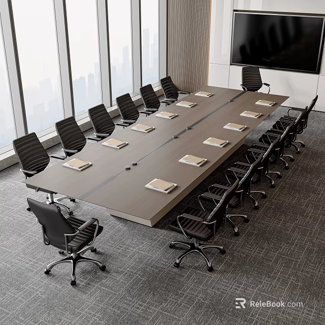 Modern Conference Table With Black Office Chairs Notebooks Large Windows City View And Screen 3d model 